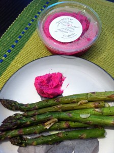 Asparagus with beet hummus