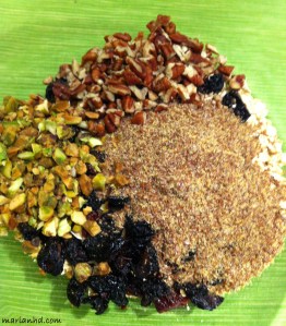 Oats, flaxseed, pecans, pistachios, dried cherries, salt